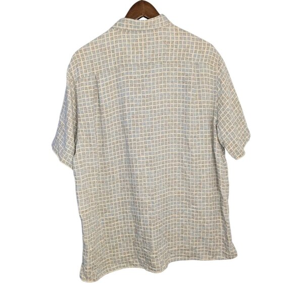 Silk Mens XL Short Sleeve Button-Up Shirt Beige Blue Retro Pattern Vintage - Picture 2 of 7